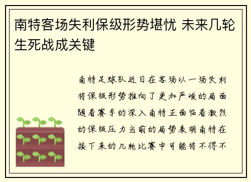 南特客场失利保级形势堪忧 未来几轮生死战成关键