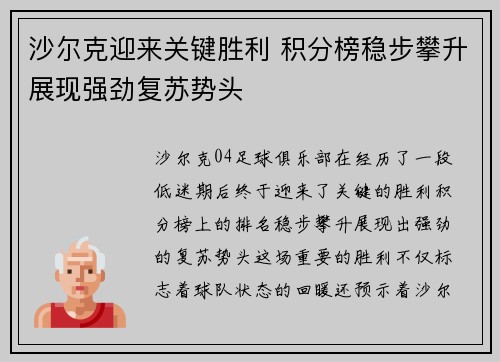沙尔克迎来关键胜利 积分榜稳步攀升展现强劲复苏势头