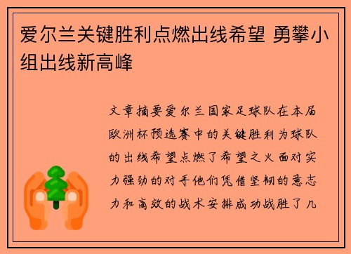 爱尔兰关键胜利点燃出线希望 勇攀小组出线新高峰
