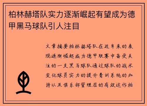 柏林赫塔队实力逐渐崛起有望成为德甲黑马球队引人注目