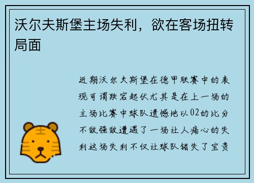 沃尔夫斯堡主场失利，欲在客场扭转局面