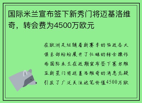 国际米兰宣布签下新秀门将迈基洛维奇，转会费为4500万欧元