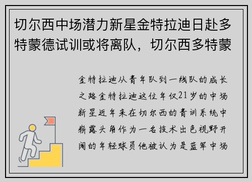 切尔西中场潜力新星金特拉迪日赴多特蒙德试训或将离队，切尔西多特蒙德恩怨