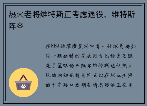 热火老将维特斯正考虑退役，维特斯阵容