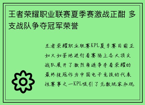 王者荣耀职业联赛夏季赛激战正酣 多支战队争夺冠军荣誉